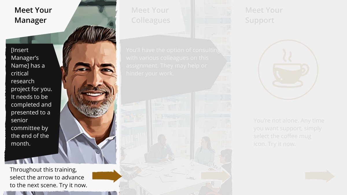 Meet Your Manager scene: photo-comic panel introducing the assignment
